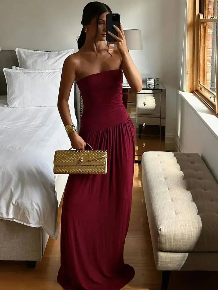 Mozision Off-shoulder Strapless Pleated Sexy Maxi Dress Women.