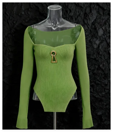 European Women Clothes Long Sleeve Waist-Cinching Knitted Long Dress.