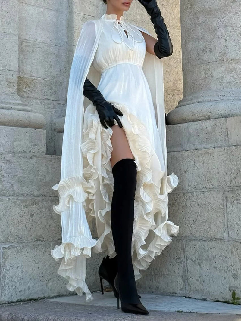 VGH Solid Spliced Ruffles Cape Long Dresses for Women.