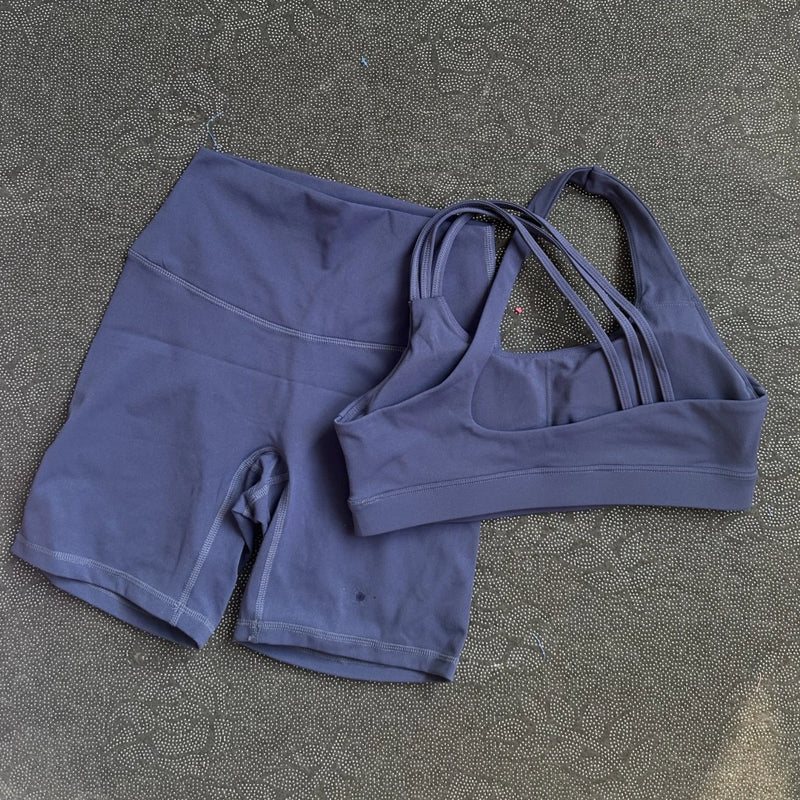Solid Color Gym Yoga Set Short Legging Cross Back Shoulder Strap Sport Bra Tracksuit Women.