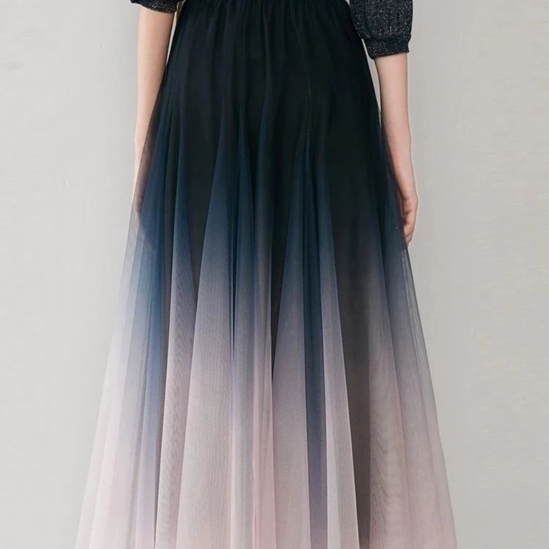Elegant Tulle Skirts Women High Waist Gradient Mesh Pleated Midi Skirt.