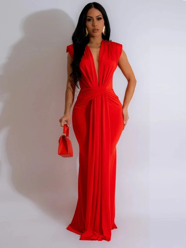 Elegant Ruched Bodycon Maxi Dresses for Women Birthday Night Party.