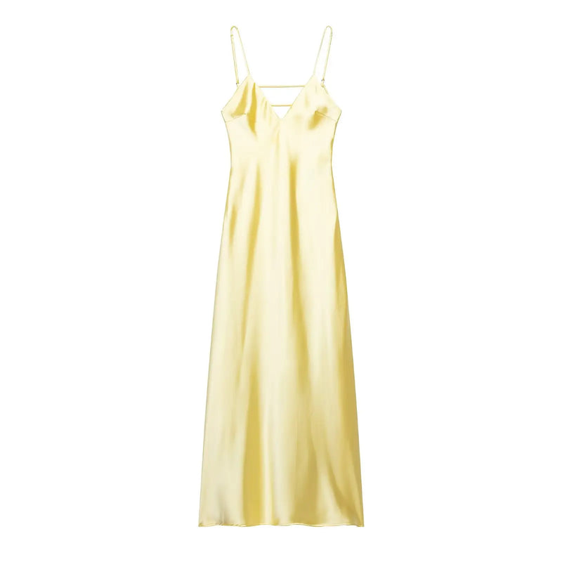 Sexy Chic Satin Women Party Dress V Neck Backless Long Eevning Club Dress.