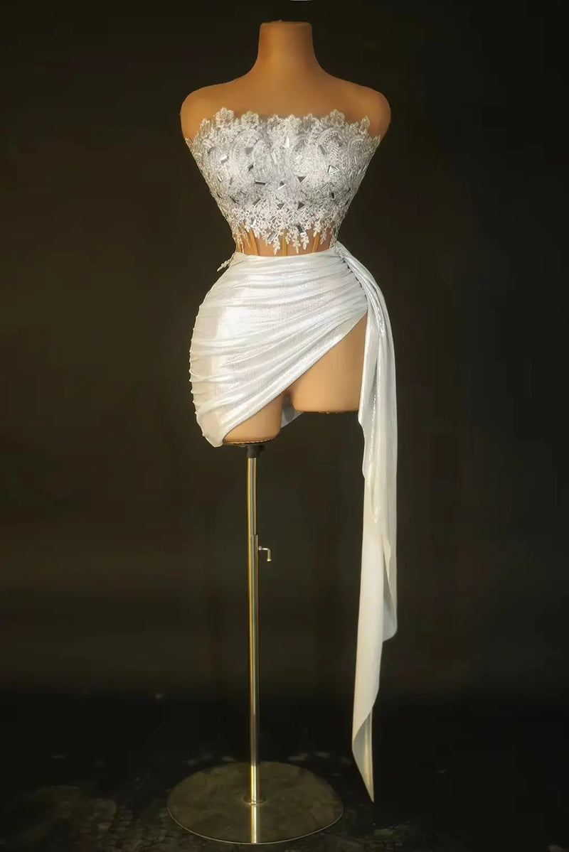 Gold Color Women Sexy 2 Pieces Strapless Bodycon Mini Dress.