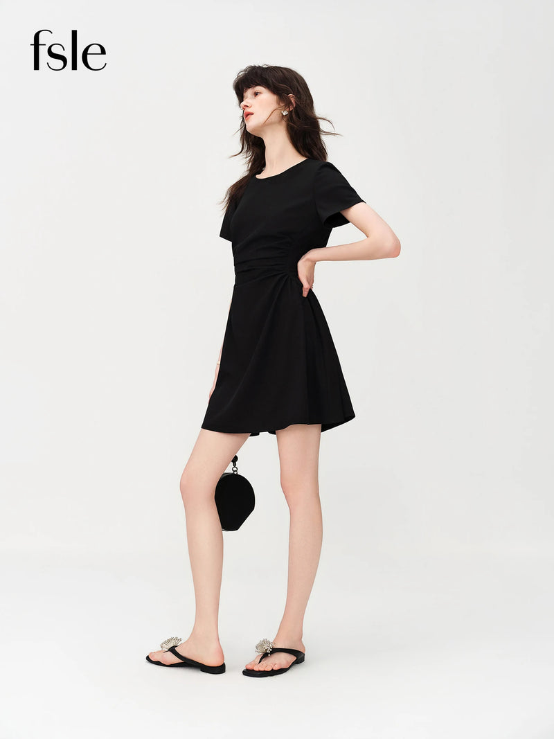 Women's Black Midi Dress, Crew Neck Short Sleeve Waist-Cinching.