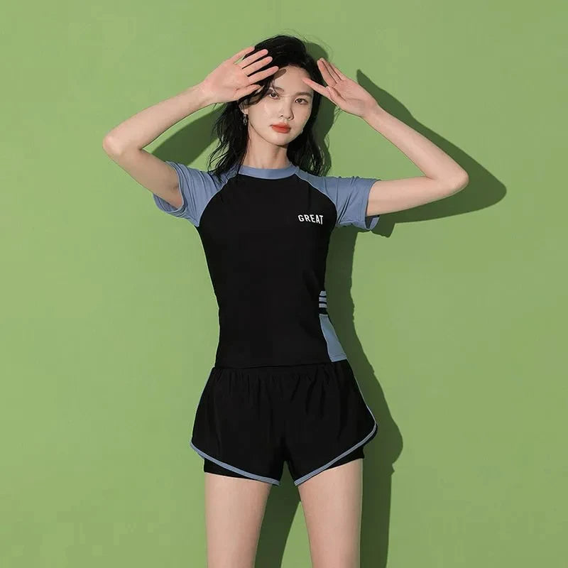 Fashion Women's Swimming Suit Ladies Patchwork Short Sleeve Swimwear.