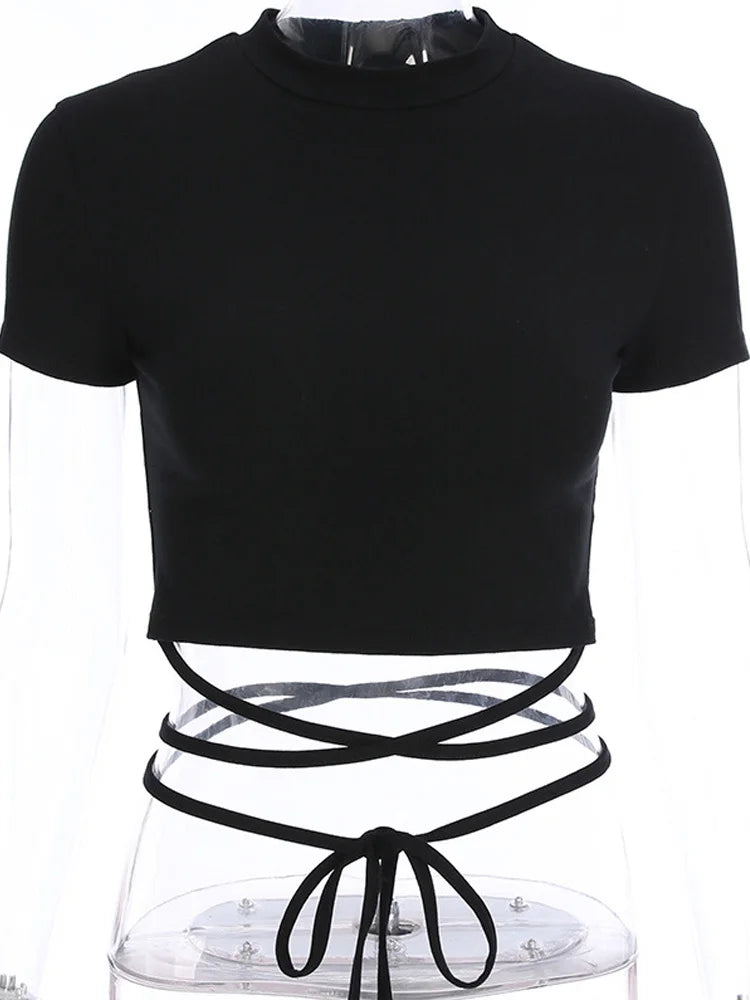 Summer Women Black Short T-Shirts Sexy Crop Tops Short Sleeve.