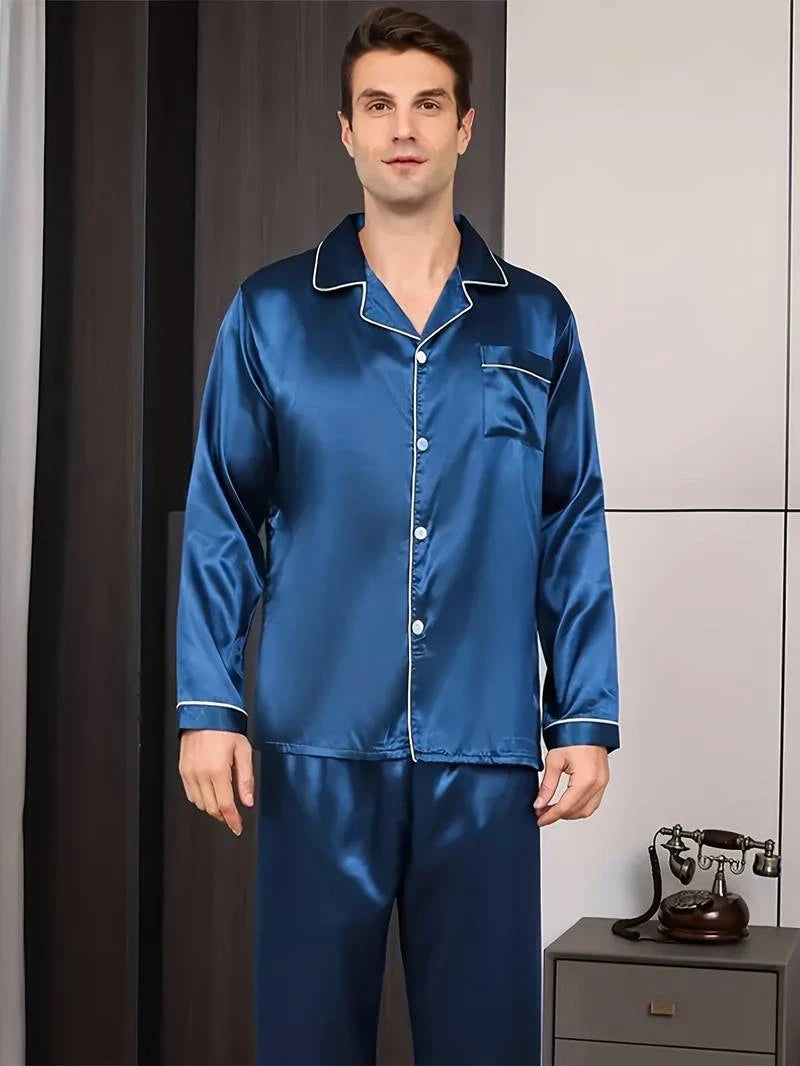 Men's Satin Pajama Set For Men Long Sleeve Button-down Top.