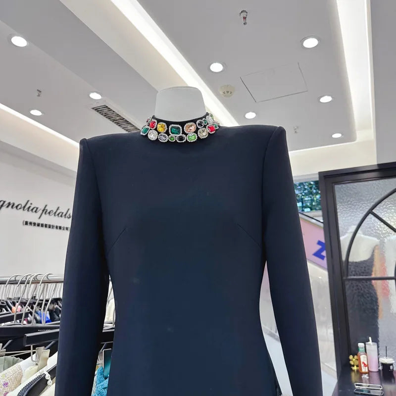 Women's Colorful Diamond Standing Neck Long Sleeve Dress.