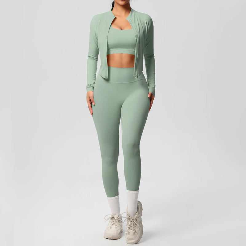 3pcs Sportswear Yoga Set Gym Sports Bra Zipper Jacket Leggings Clothes.