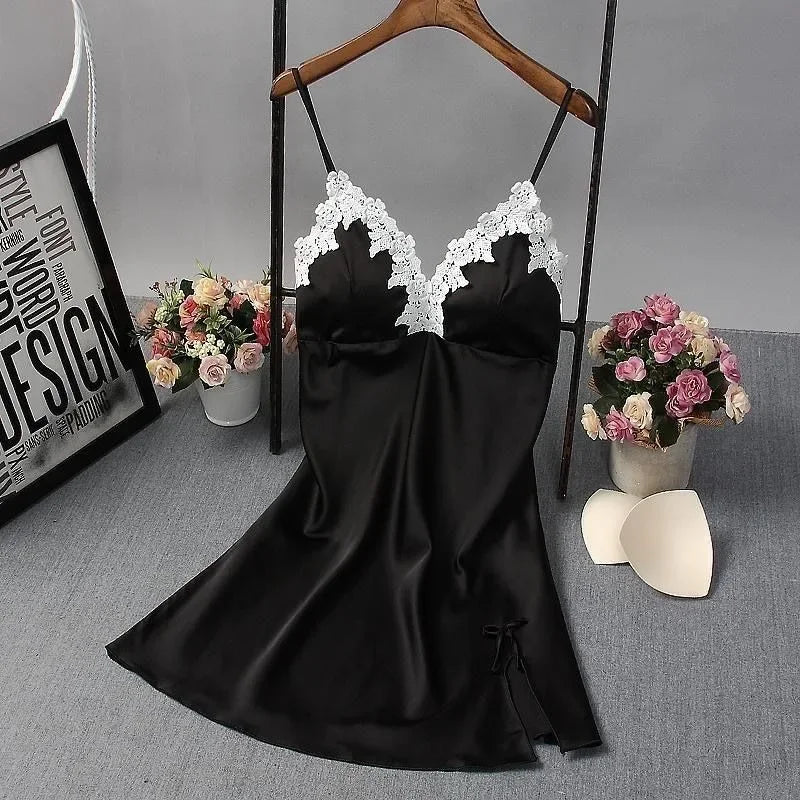 Sexy Lace Patchwork with Chest Cushion Lingerie Nighty Sleep Wear Nightdress.