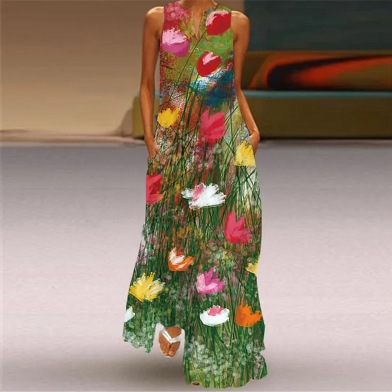 3D Floral Printed Dress Summer Vintage V-neck Sleeveless Loose Maxi Dress Elegant.