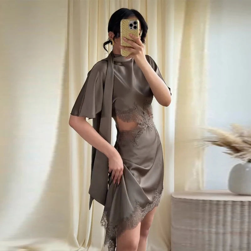Lace Hollow Out Women Mini Dress Elegant Satin Scarf.