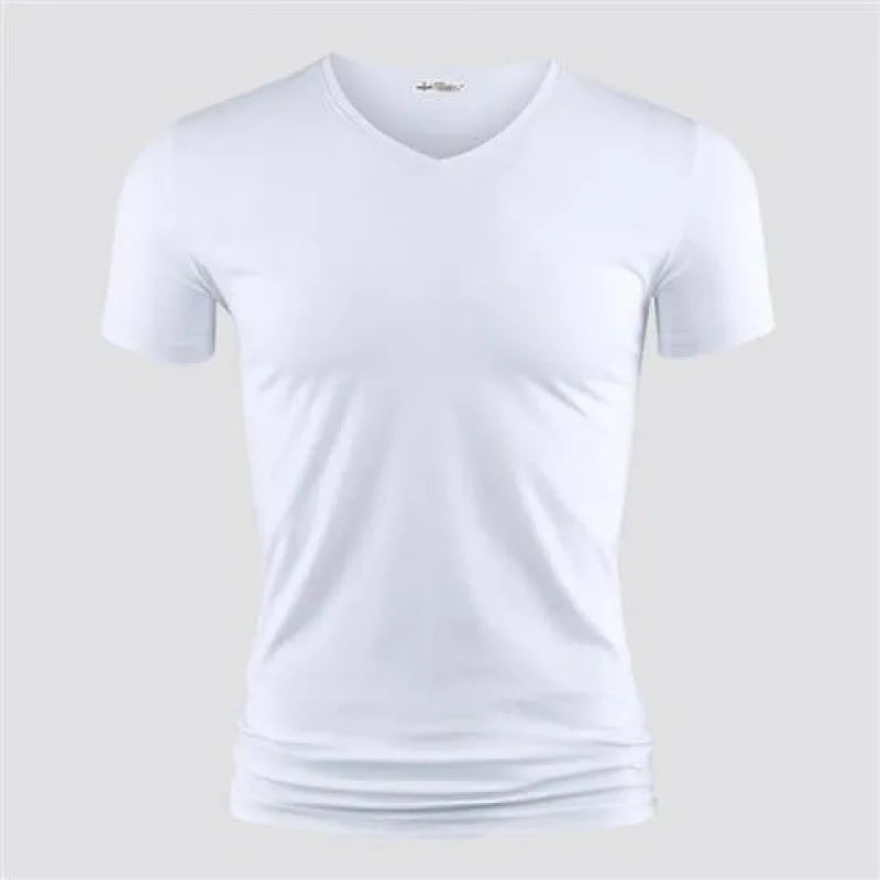 Men's T Shirt Pure Color V Collar Short Sleeved Tops Tees Men T-Shirt Black Tights.