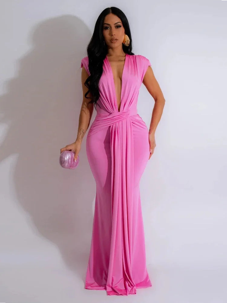 Elegant Ruched Bodycon Maxi Dresses for Women Birthday Night Party.
