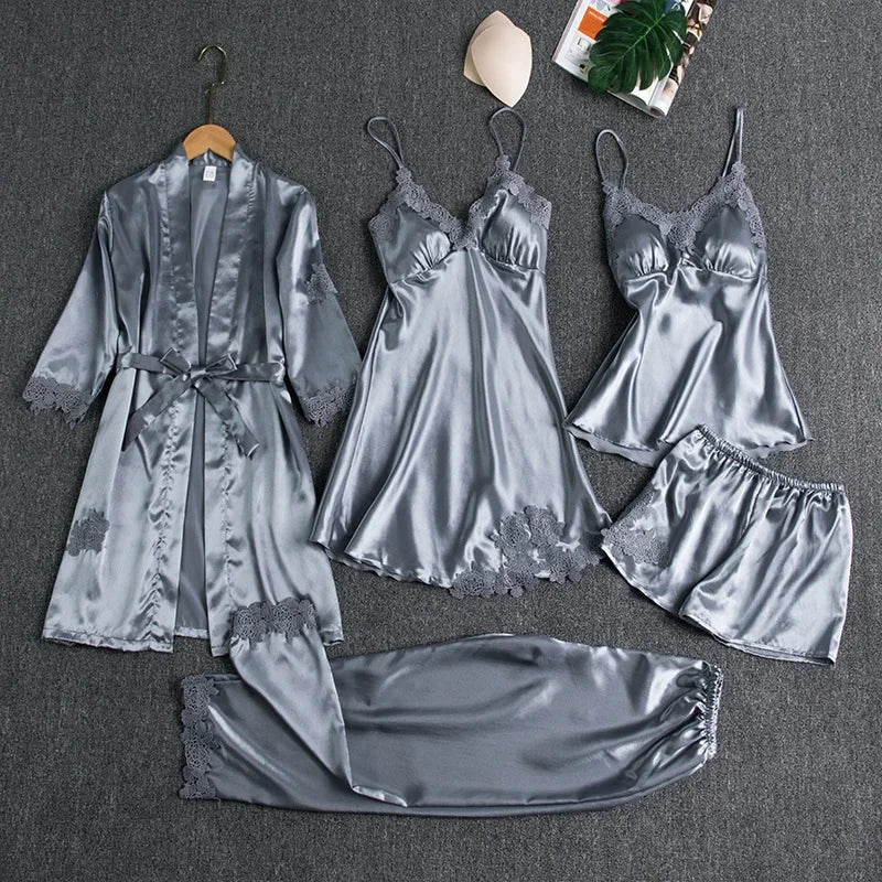 Sexy Summer Ice Silk Long Sleeve Thin Home Clothes Set for Women.