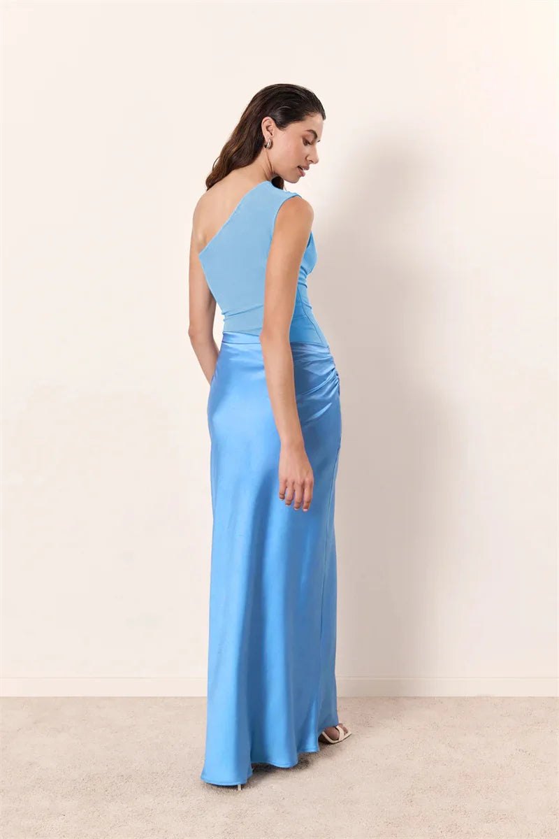 Women’s Mozision Satin Inclined Shoulder Sexy Maxi Dress.