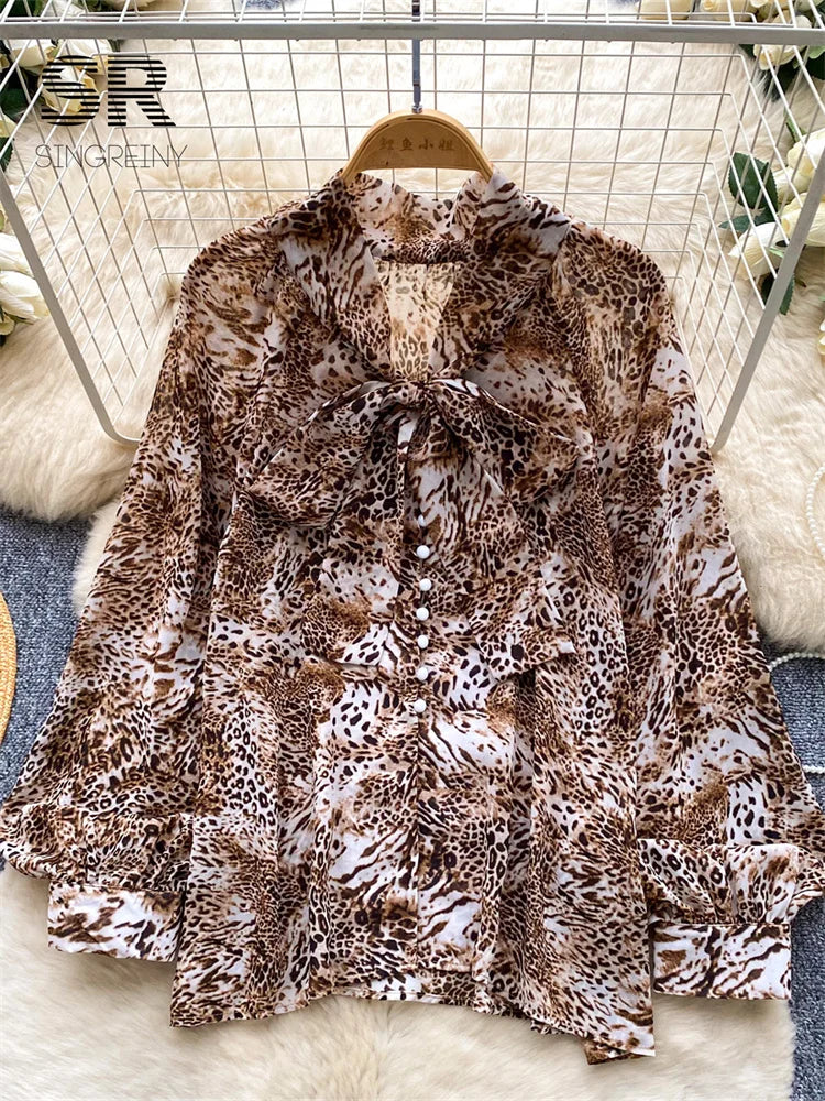 SINGREINY Leopard Office Lady Shirt American Fashion Bow Thin Loose.