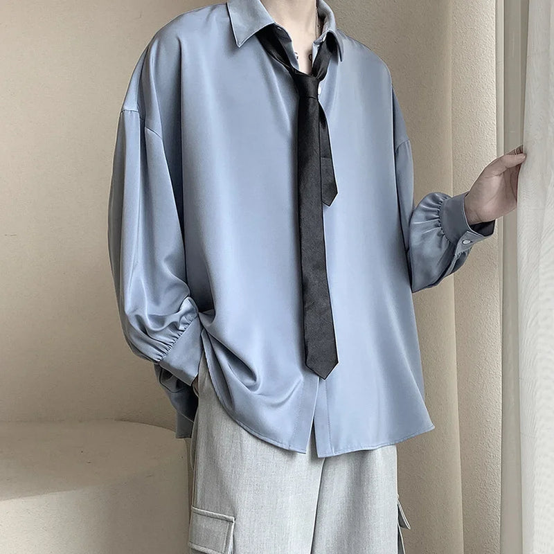Korean Style Men's Long-sleeved Shirts Black Tie Cozy Casual.