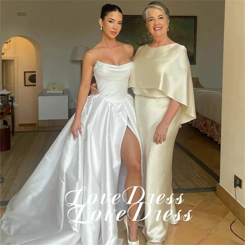 Women’s Customized Simple Stain Strapless Pleats A-Line High Side Slit Wedding Dress.