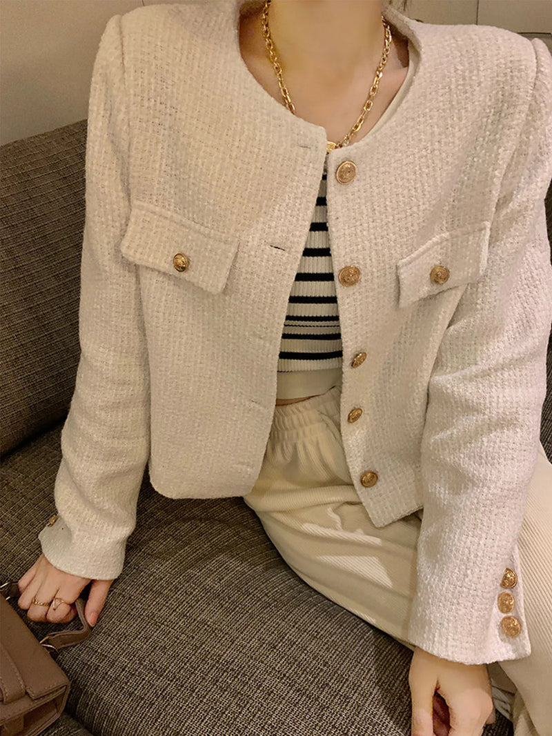 French Wool Tweed Coat Fashion High-end Gold Button Short Slim for Women.