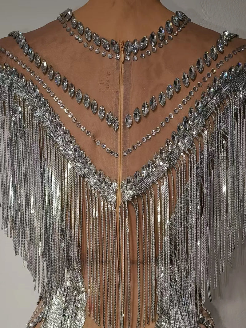 Women Sexy Mesh Sparkly Rhinestone Tassels Stretch Long Dress.
