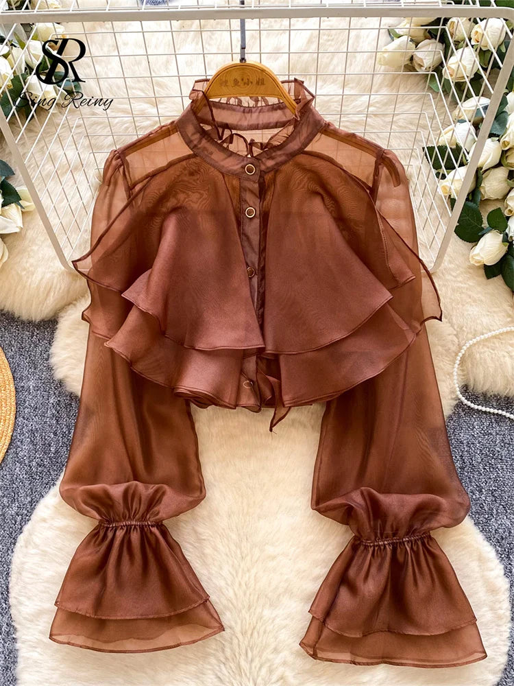 SINGREINY Feminine Ruffles Chiffon Blouse Puff Sleeve French Style Office.