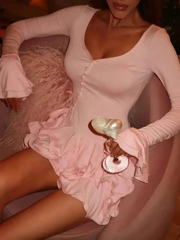 Blifanbo Flare Sleeve Ruffle Sexy V Neck Mini Dress Women Robe.