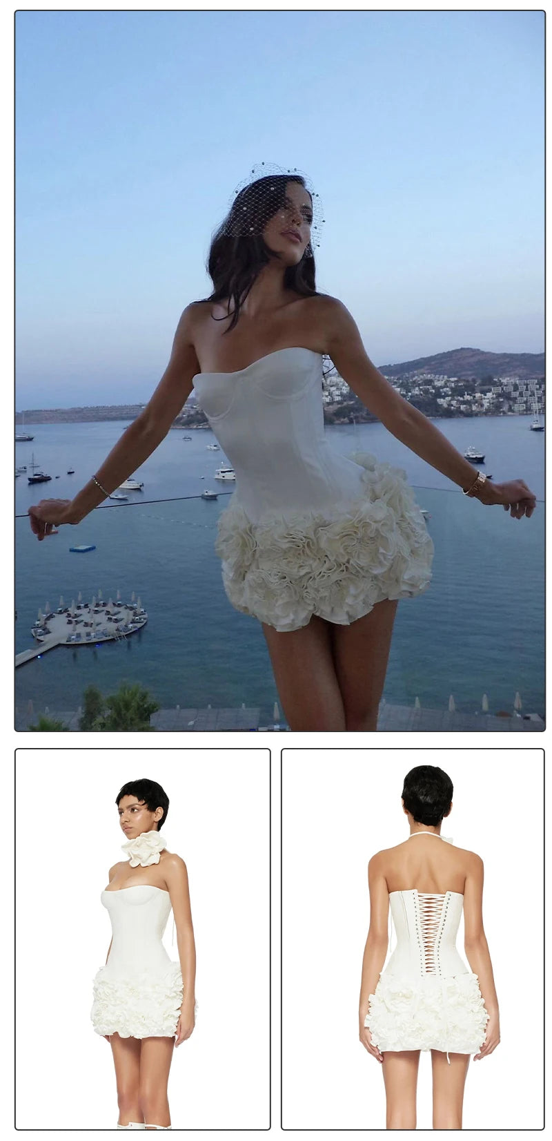 VC Christmas Dress Strapless Backless Red Structured Floral Embellished Mini Length.