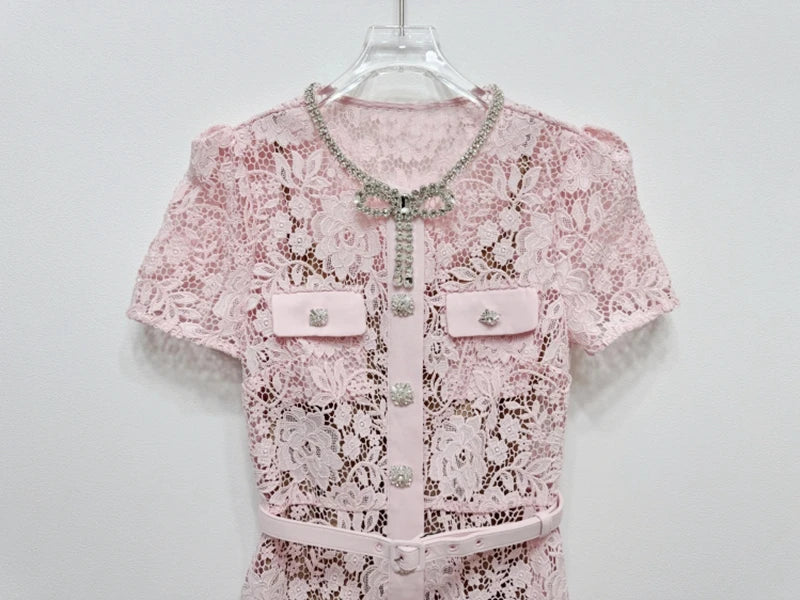 Women’s Lace Midi Dress Diamonds Bow Pink Floral Crystal Short Sleeve.