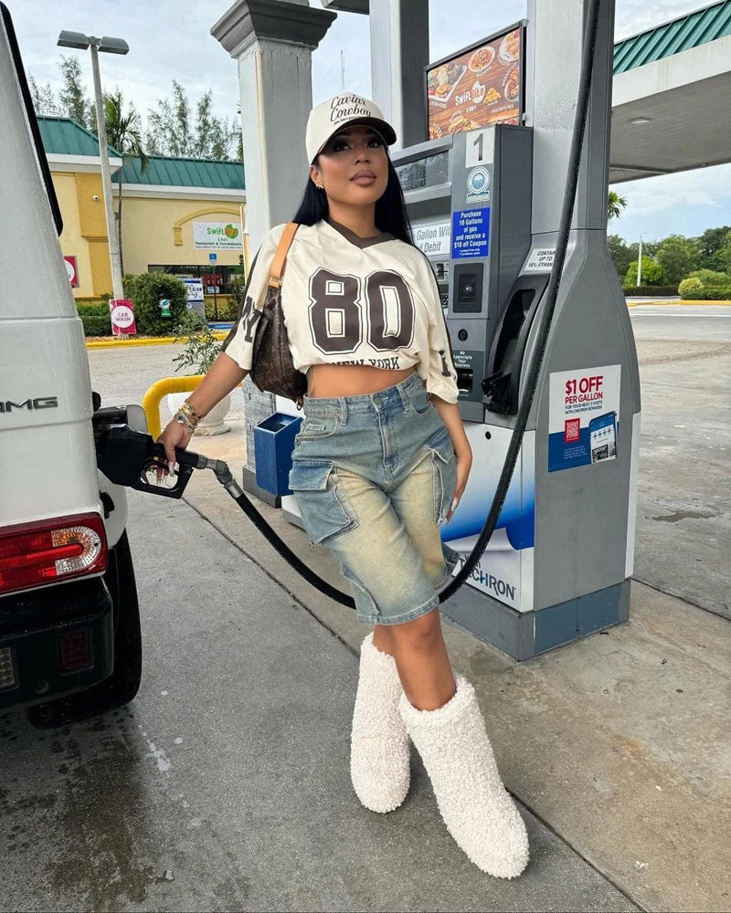 Summer Women High Waisted Jean Shorts Washed Pockets Elastic Straight.