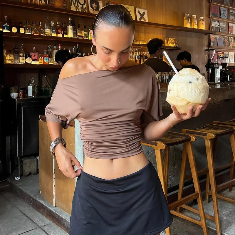 Solid One Shoulder T-shirt Women Tops Summer Short Sleeve Crop Top.
