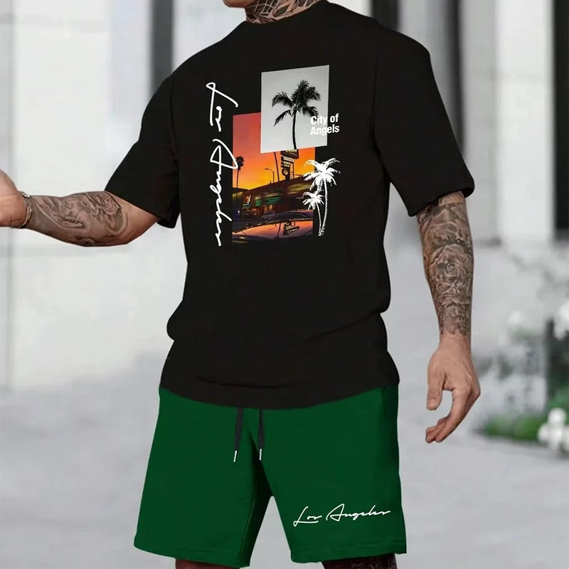Men's Suit Hawaiian Gradient Coconut Print Suit Summer Beach T-Shirt and Pants 2 Piece.