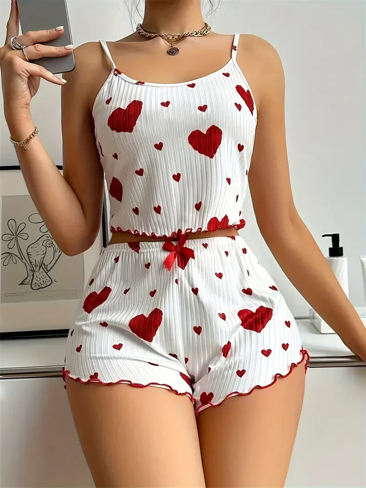 Women's Pajamas Set Straps Sleepwear Vest + Shorts Red Heart Print.