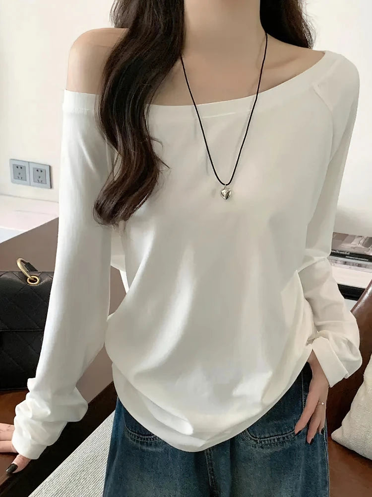 Oversize Off shoulder Long sleeve T shirt Women Solid color Casual Tops.