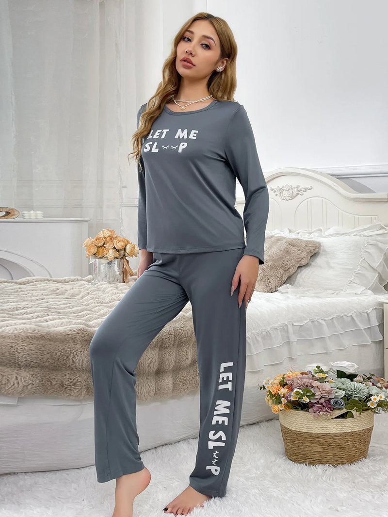 Women's Pajamas Set Letter Long Sleeve Top And Pants Sleepwear 2 Piece.