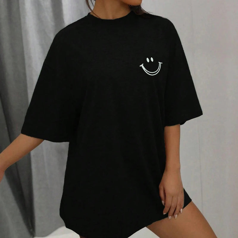 Happy Expression Printed Womens Cotton Short Sleeve Street Hip Hop Tee.
