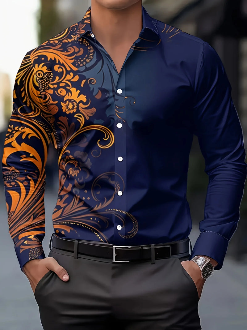 Men's Stylish Red Floral Print Dress Shirt - Casual Long Sleeve Button-Up.