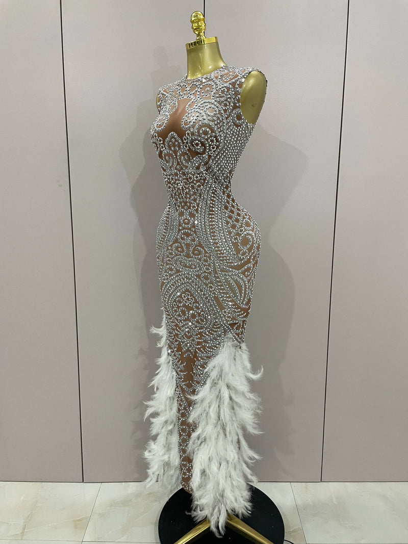 Women Sparkly Rhinestone Feathers Sleeveless O Neck Bodycon Long Dress.