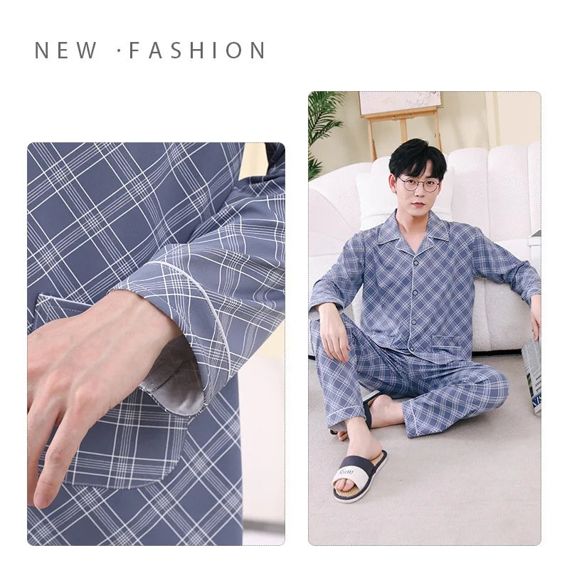Men's Pajamas Spring Fall and Winter Plaid Printed Long-Sleeved.