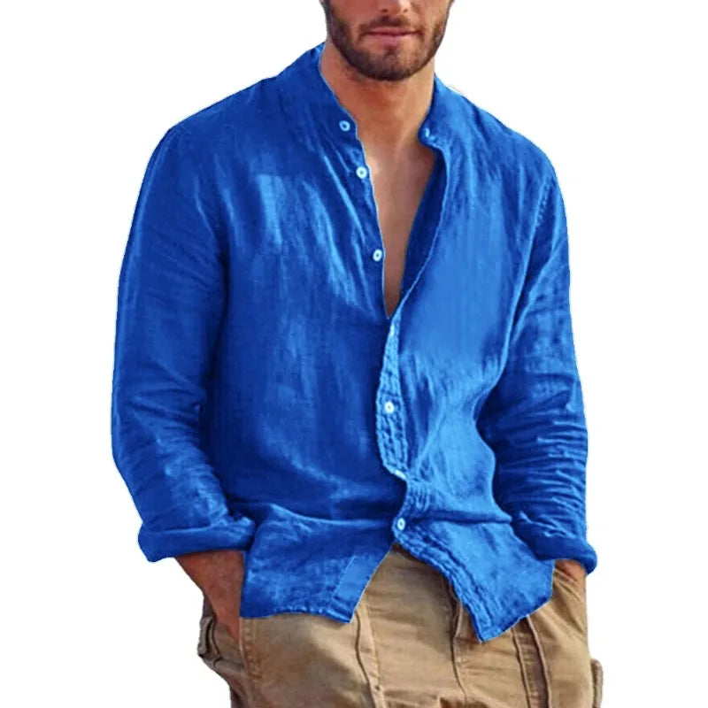 Sweatwear Men's Long Sleeve Shirt Linen Solid Color Shirts Trend Stand Collar.