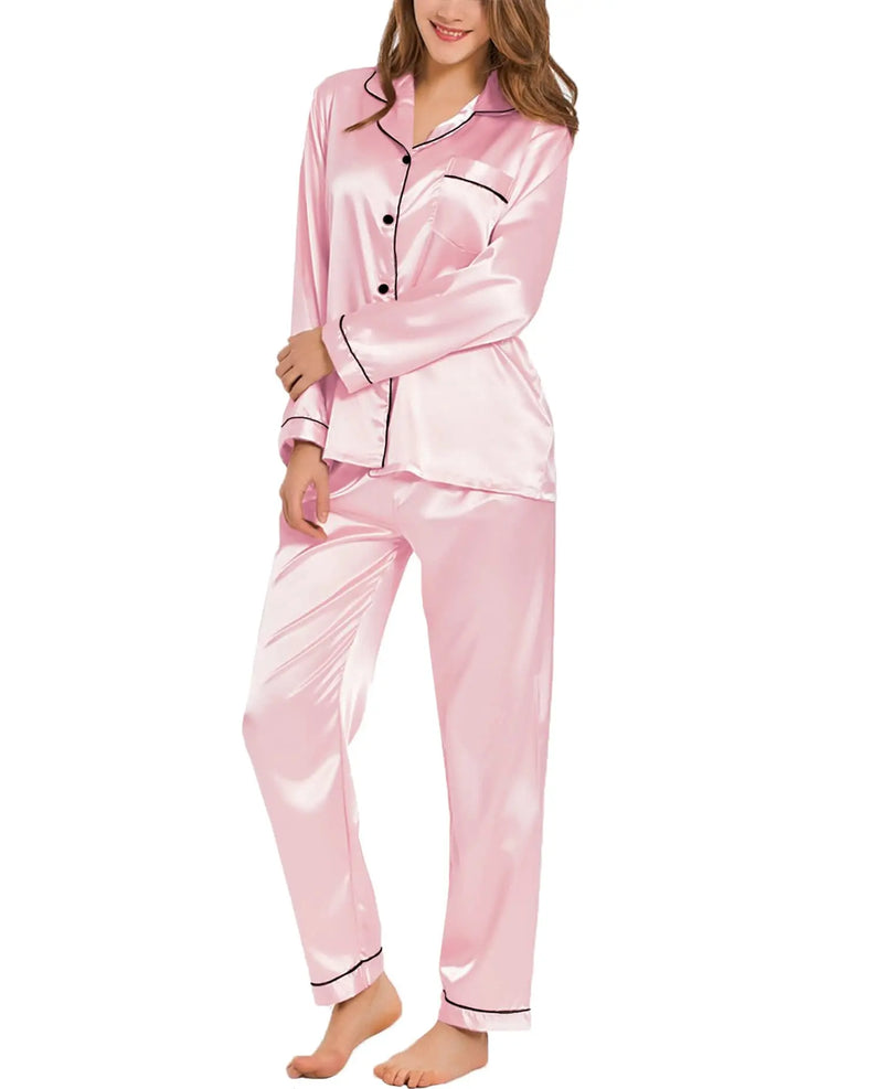 Womens Silk Satin Pajamas Loungewear Two-piece Sleepwear Button-Down.
