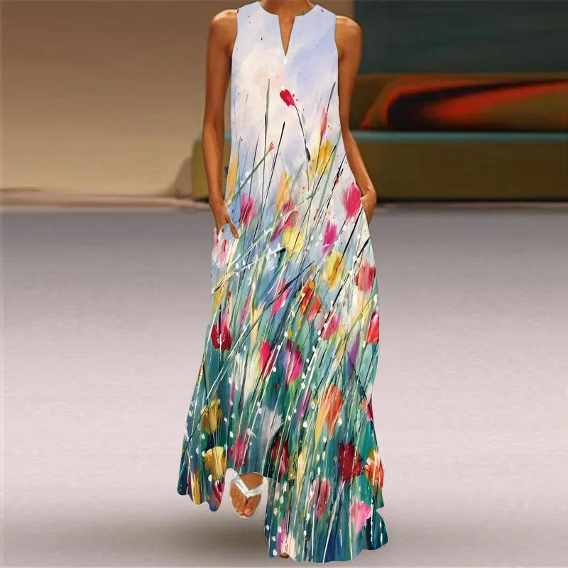 Vintage Print Maxi Dress For Women.