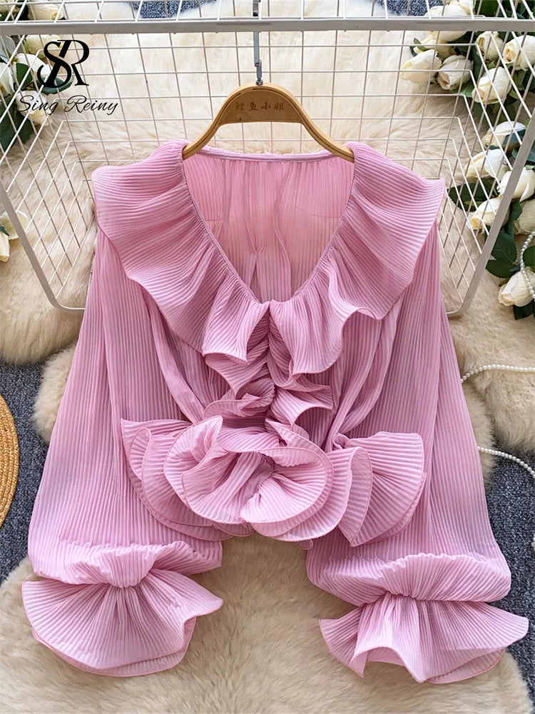 SINGREINY Ruffles Pleated Romantic Tops Thin Spring Summer V Neck.