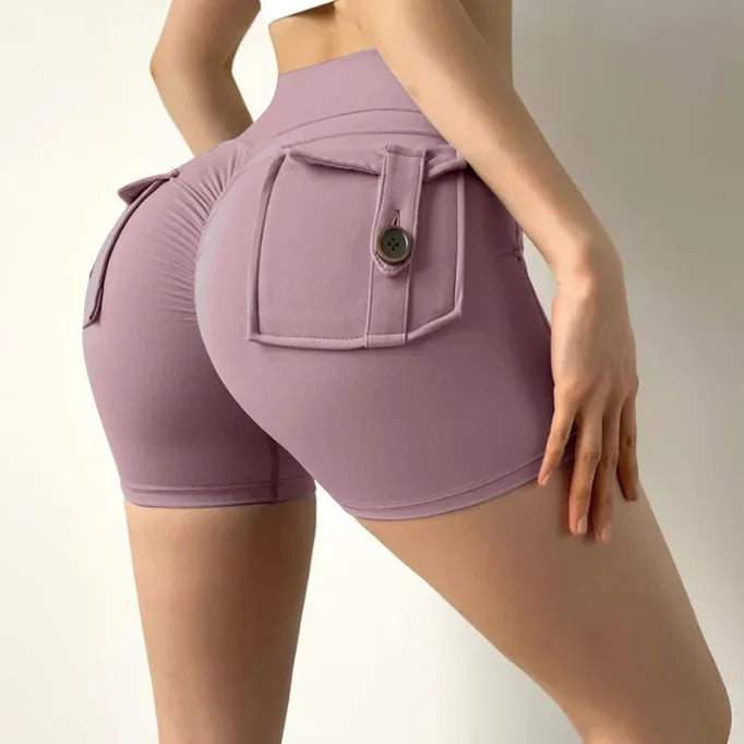Fitness Exercise Three-Quarter Pants Cargo Air Dry Pocket Yoga Tight lift the hips Women's Shorts.