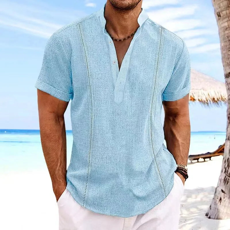 Summer Men's Solid Color Cotton Linen Henley Shirt Casual Guayabera Short.