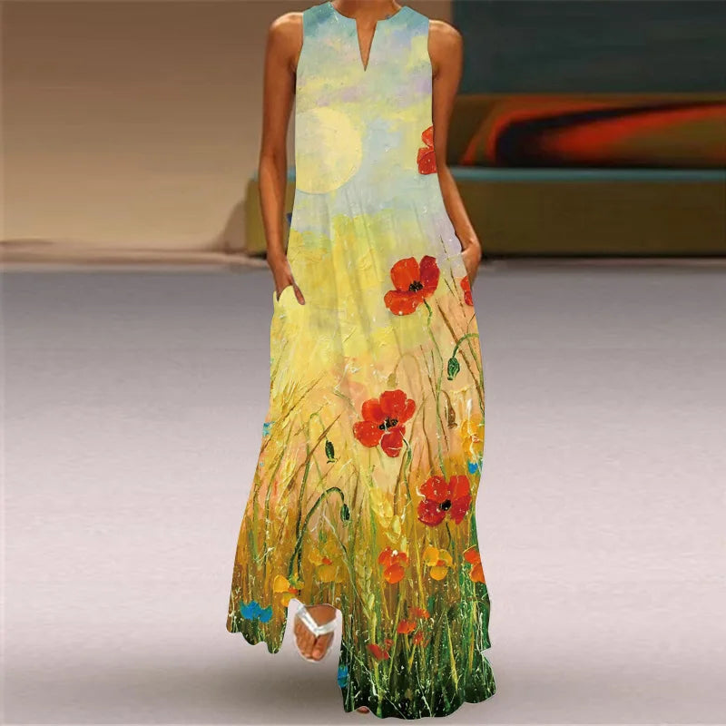Vintage Print Maxi Dress For Women.