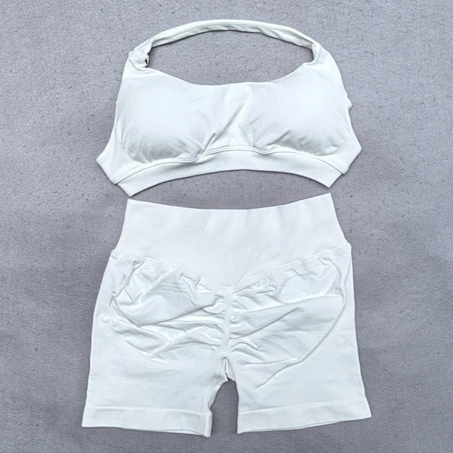 Shorts Set 2 Pieces Seamless Yoga Set Workout Tracksuit Women Halter Sport.