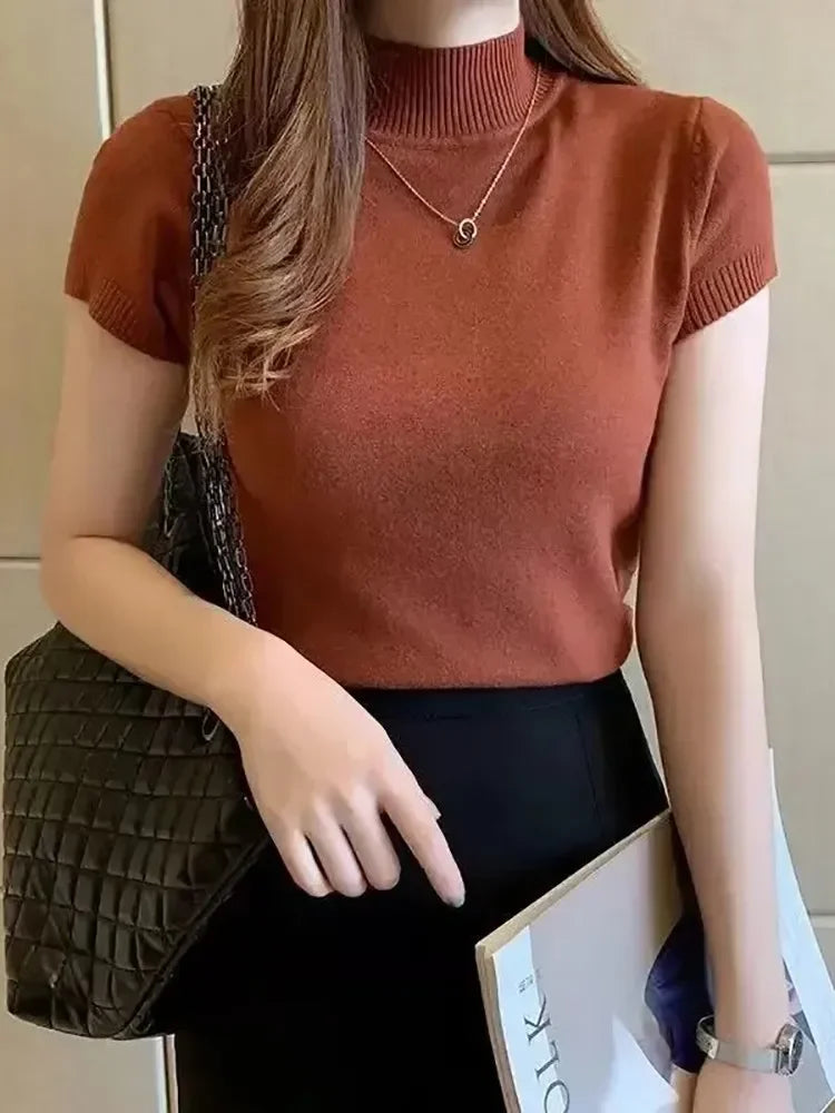 Women's Half-High Neck T-Shirt Fashion Jumper Casual Tops.
