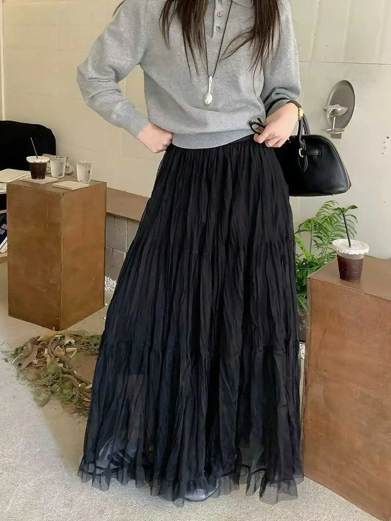 Elegant Pleated Skirt for Women with Elastic Waist Slim Fit A-Line Long.